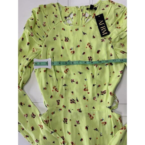 NWT AFRM Lime Neon Green Floral Long Sleeve Side Cutout Strappy Back Dress XS - Picture 4 of 7